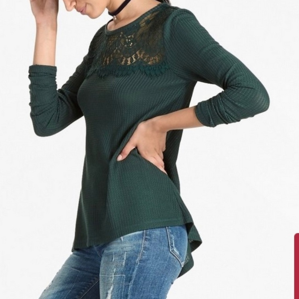 Lucky Brand Pine Grove Green Lace Mixed Thermal Long Sleeve Top Boatneck Hi-Low - Picture 2 of 7